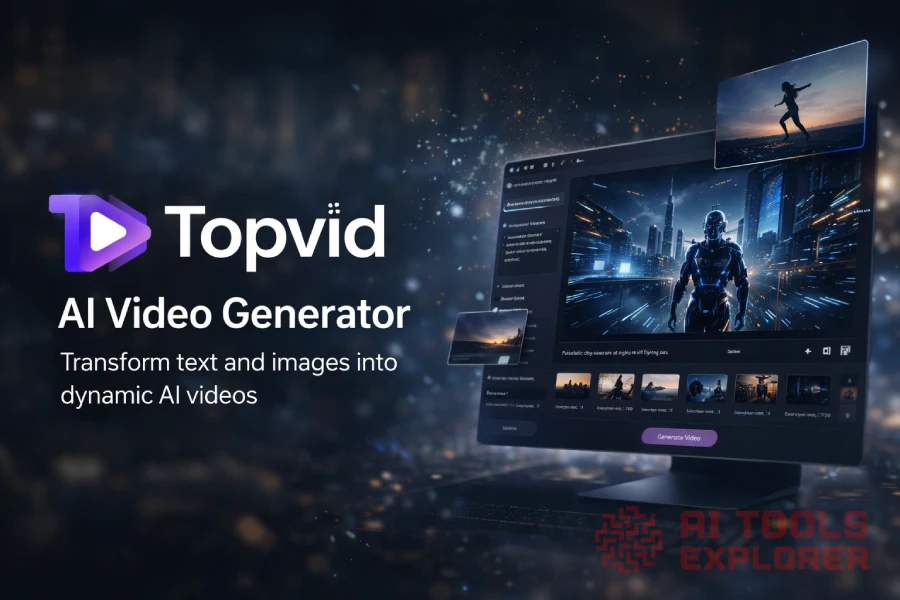 Topvid AI video generator featured image showing professional interface transforming text and images into high-quality videos using artificial intelligence.