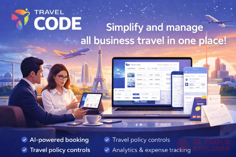 Featured illustration showing the Travel Code logo, two business professionals using a laptop and tablet to manage corporate travel, with airplanes, global city landmarks, and a digital travel management dashboard representing AI-powered business travel booking and analytics.