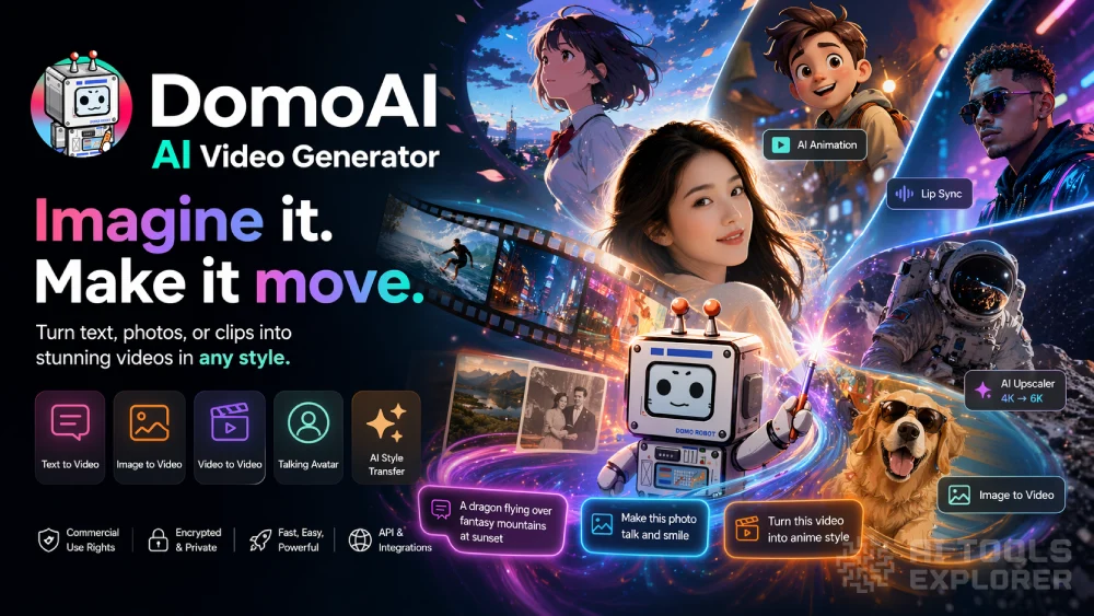 DomoAI AI Video Generator robot mascot, anime girl, 3D animated boy, astronaut, golden retriever, woman with flowing hair, film strip, tagline "Imagine it. Make it move."