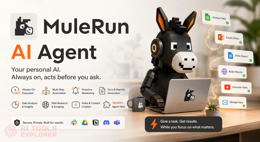 MuleRun AI Agent robot donkey mascot sitting at a laptop on a desk, with floating task cards for Analyze Data, Create Slides, Write Report, Build Website, Generate Video, and Manage Inbox, alongside feature icons for Always-On 24/7 Execution, Multi-Step Automation, Proactive Monitoring, Docs & Reports Generation, Data Analysis & Insights, Web Research & Scraping, Video & Content Creation, and 180,000+ Agent Skills, with integration logos for Slack, Google Drive, Notion, Discord, and Microsoft Teams