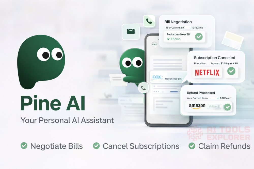A smartphone displaying Pine AI's bill negotiation, subscription cancellation, and refund features, with the Pine AI logo and tagline "Your Personal AI Assistant"