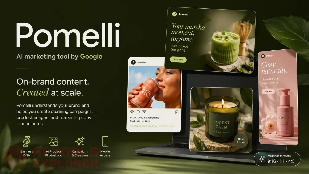 Pomelli AI marketing tool interface generating on-brand social media content, product images, and campaigns for small business branding