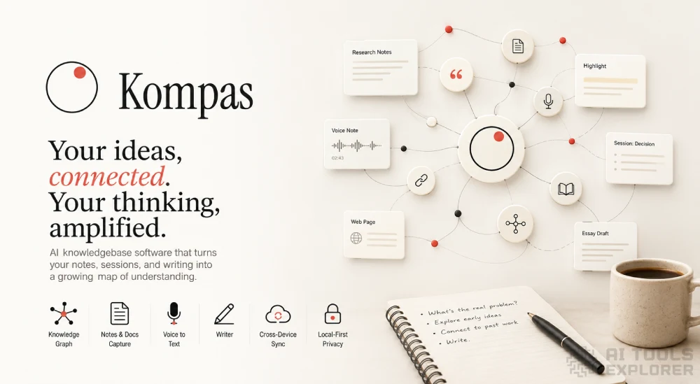 Kompas AI knowledgebase software featured image showing a connected knowledge graph linking notes, documents, voice notes, and writing sessions with the Kompas logo, illustrating AI-powered personal knowledge management, idea organization, and local-first productivity.