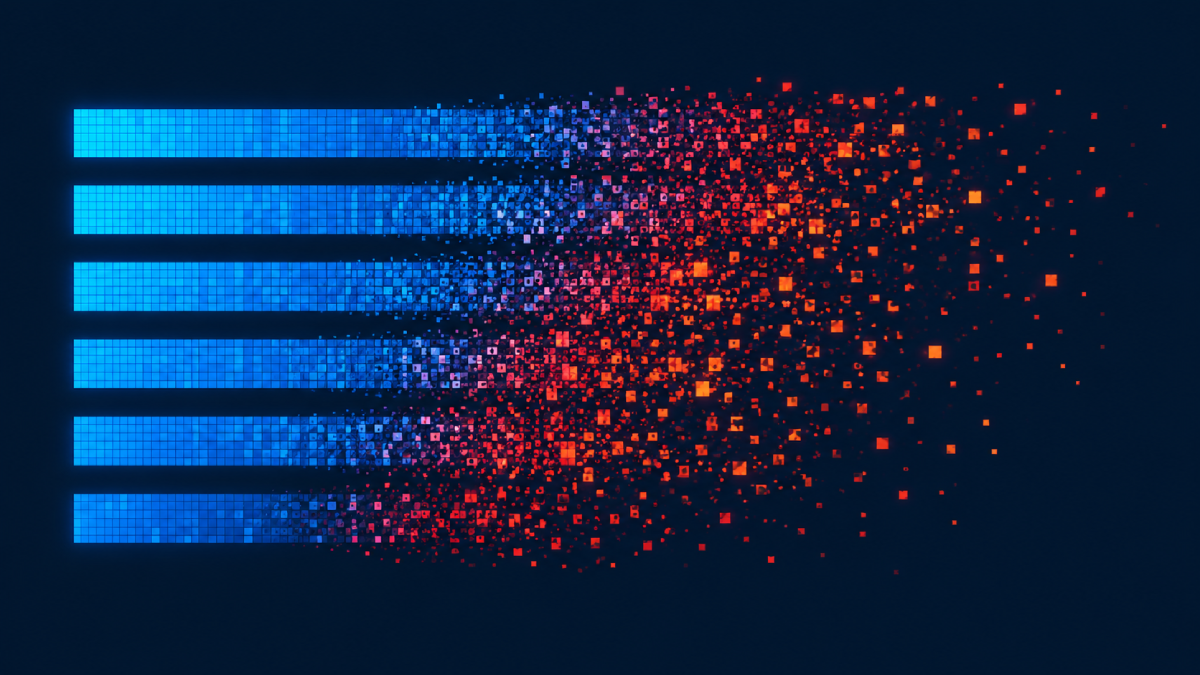 AI tool failure rate data visualization showing bar chart bars dissolving from blue pixels into red fragments, representing the AI shakeout across tool categories