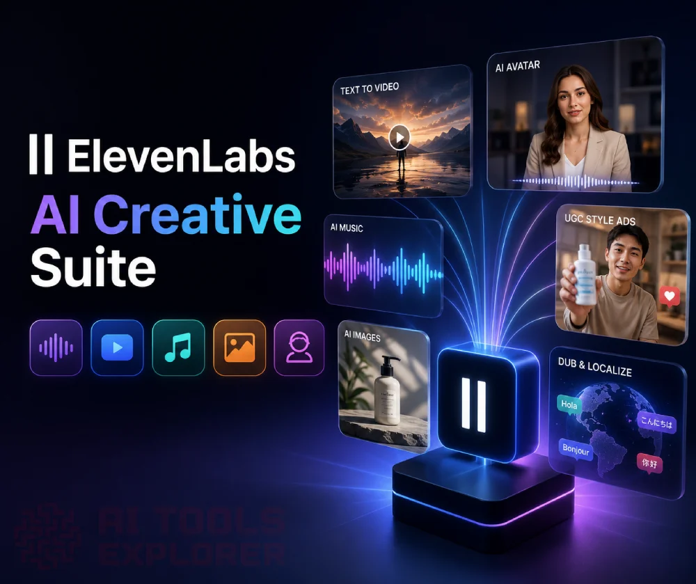Eleven Creative illustration showing AI voice, video generation, avatars, music, image creation, UGC ads, and multilingual dubbing connected in a unified creative workflow.