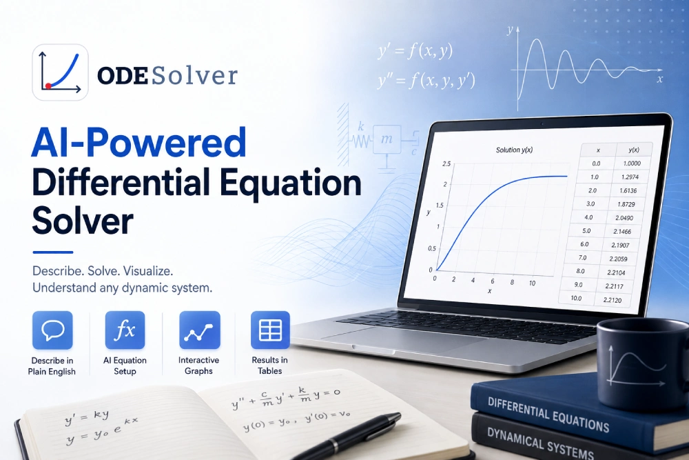 ODE Solver logo, differential equations, interactive solution graph and results table displayed on a laptop, with differential equations textbooks and mathematical notes.