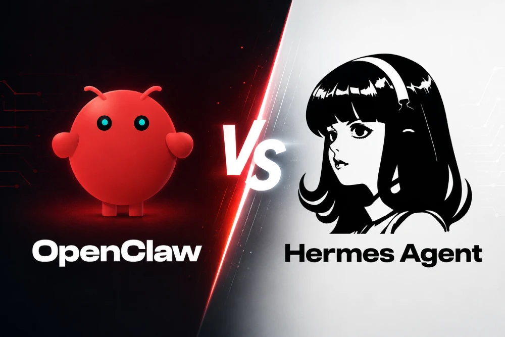 OpenClaw vs Hermes Agent comparison graphic featuring the OpenClaw mascot and Hermes Agent logo in a head-to-head AI agent showdown.