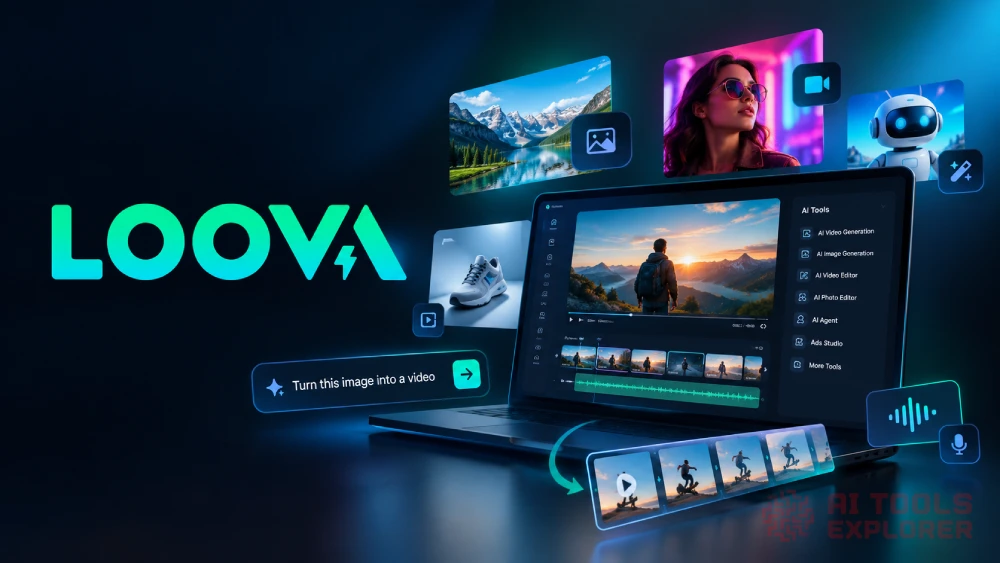 Loova logo beside a laptop displaying an AI video editing interface, with floating images, video thumbnails, creative tools, and a prompt reading “Turn this image into a video” on a dark blue background.