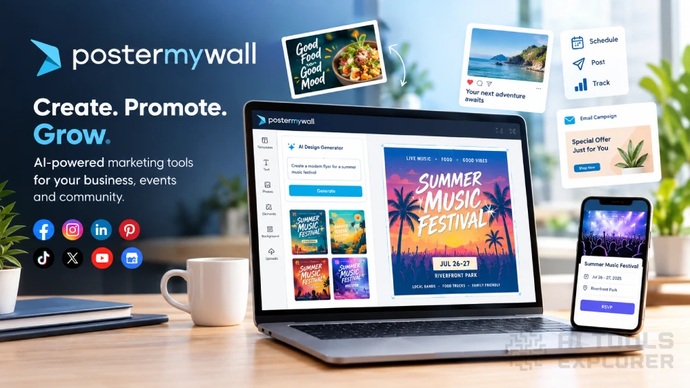 Postermywall logo, laptop displaying a summer music festival poster editor, social media icons, email campaign preview, event page on a smartphone, and floating marketing design cards on a bright workspace.
